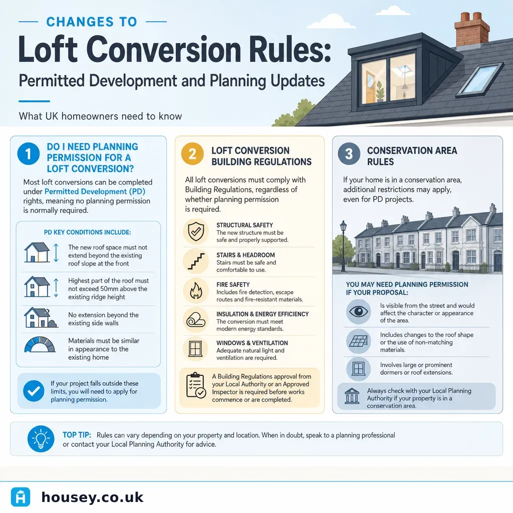 Infographic illustrating: Changes to Loft Conversion Rules: Permitted Development and Planning Updates