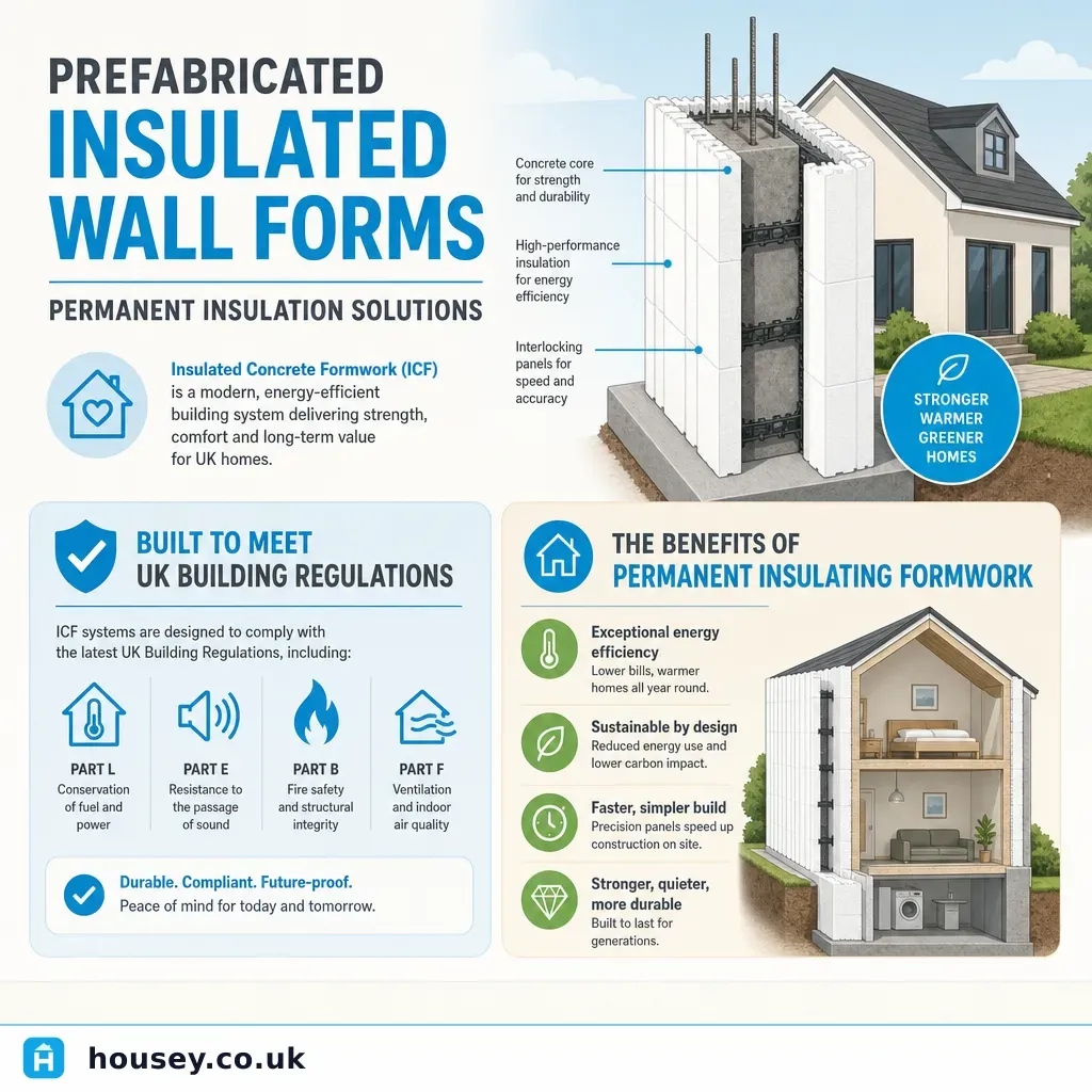 Infographic illustrating: Prefabricated Insulated Wall Forms: Permanent Insulation Solutions