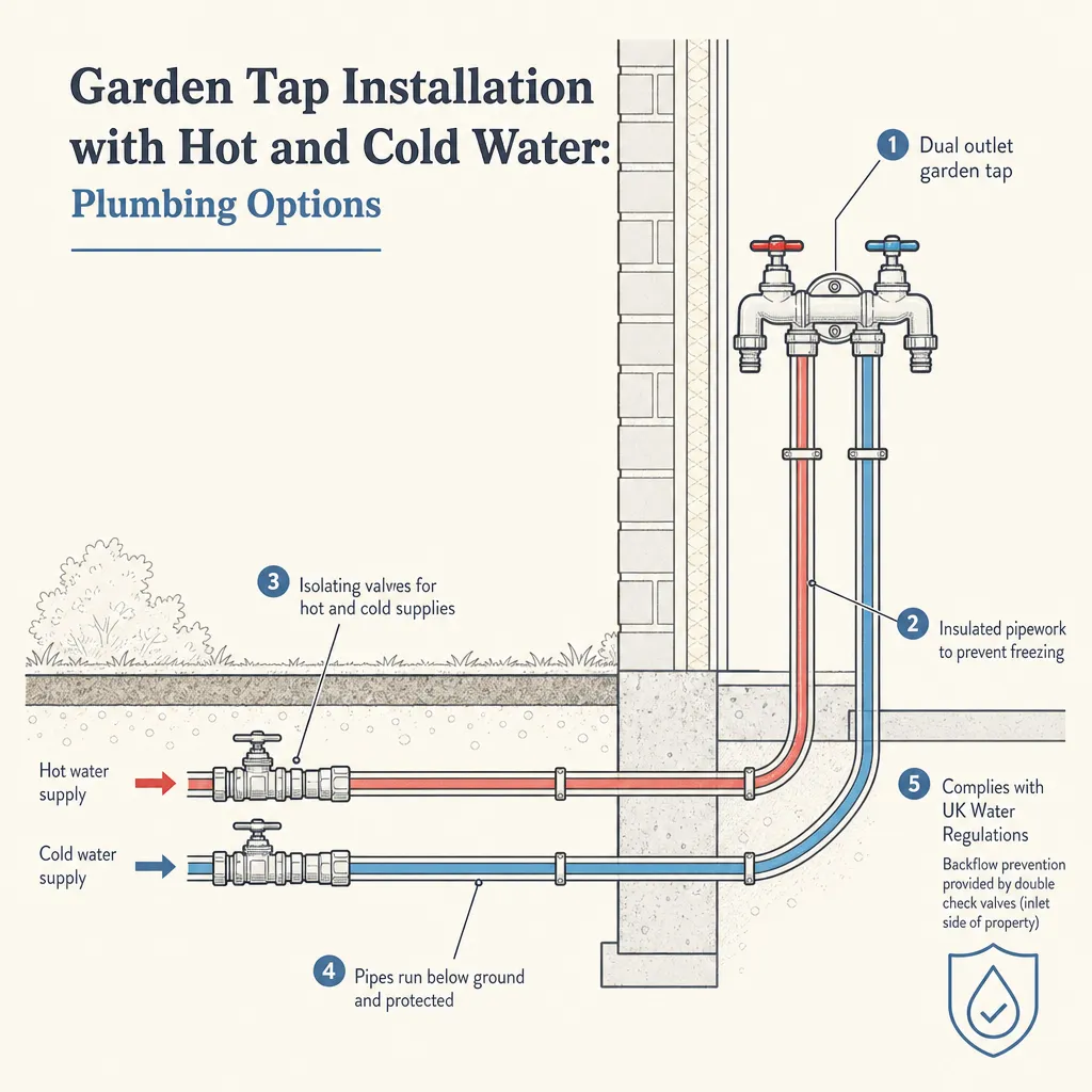 Diagram illustrating: Garden Tap Installation with Hot and Cold Water: Plumbing Options