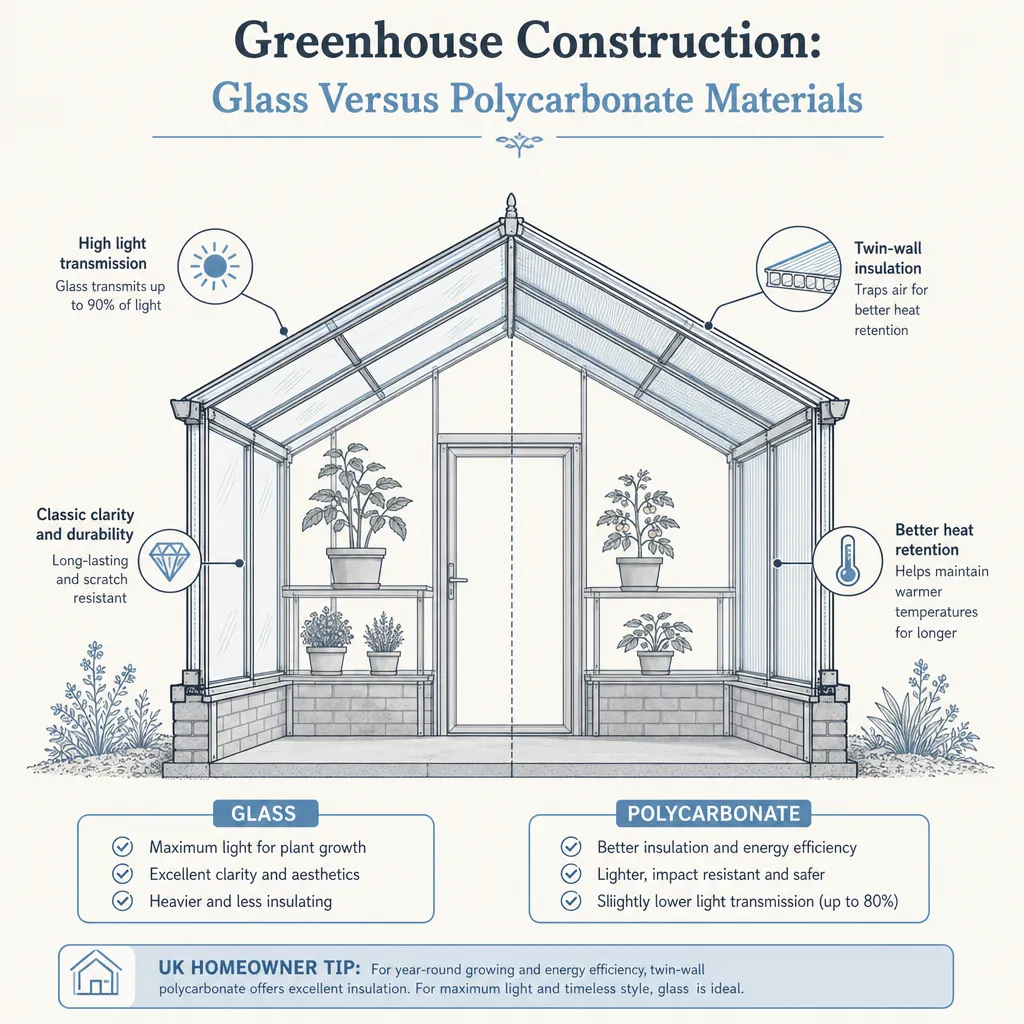 Diagram illustrating: Greenhouse Construction: Glass Versus Polycarbonate Materials