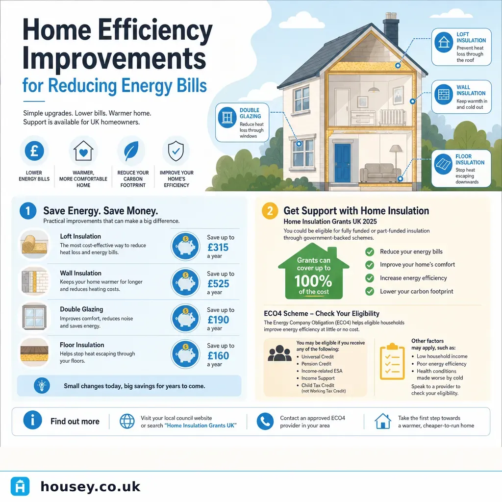 Infographic illustrating: Home Efficiency Improvements for Reducing Energy Bills