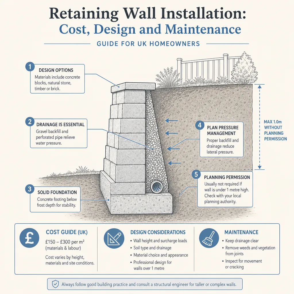 Diagram illustrating: Retaining Wall Installation: Cost, Design and Maintenance