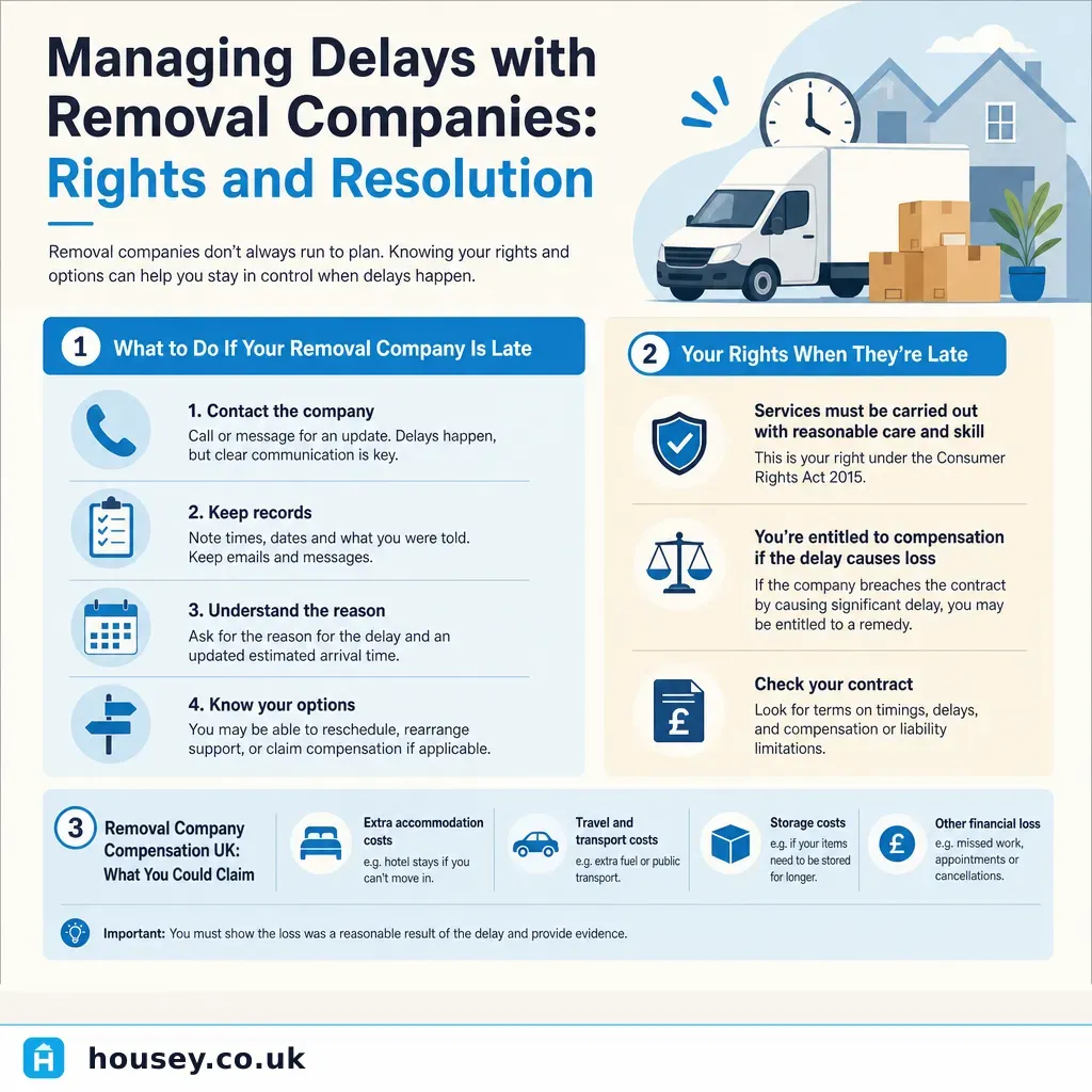 Infographic illustrating: Managing Delays with Removal Companies: Rights and Resolution