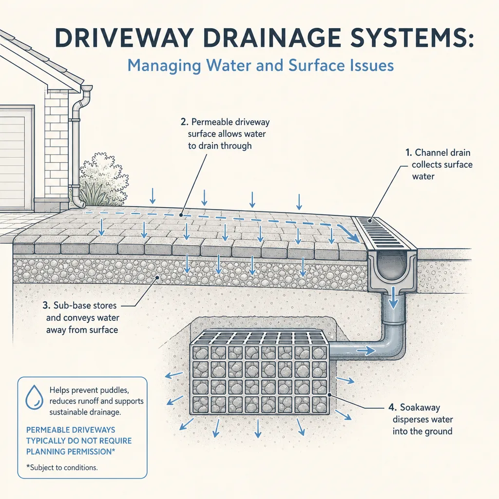 Diagram illustrating: Driveway Drainage Systems: Managing Water and Surface Issues