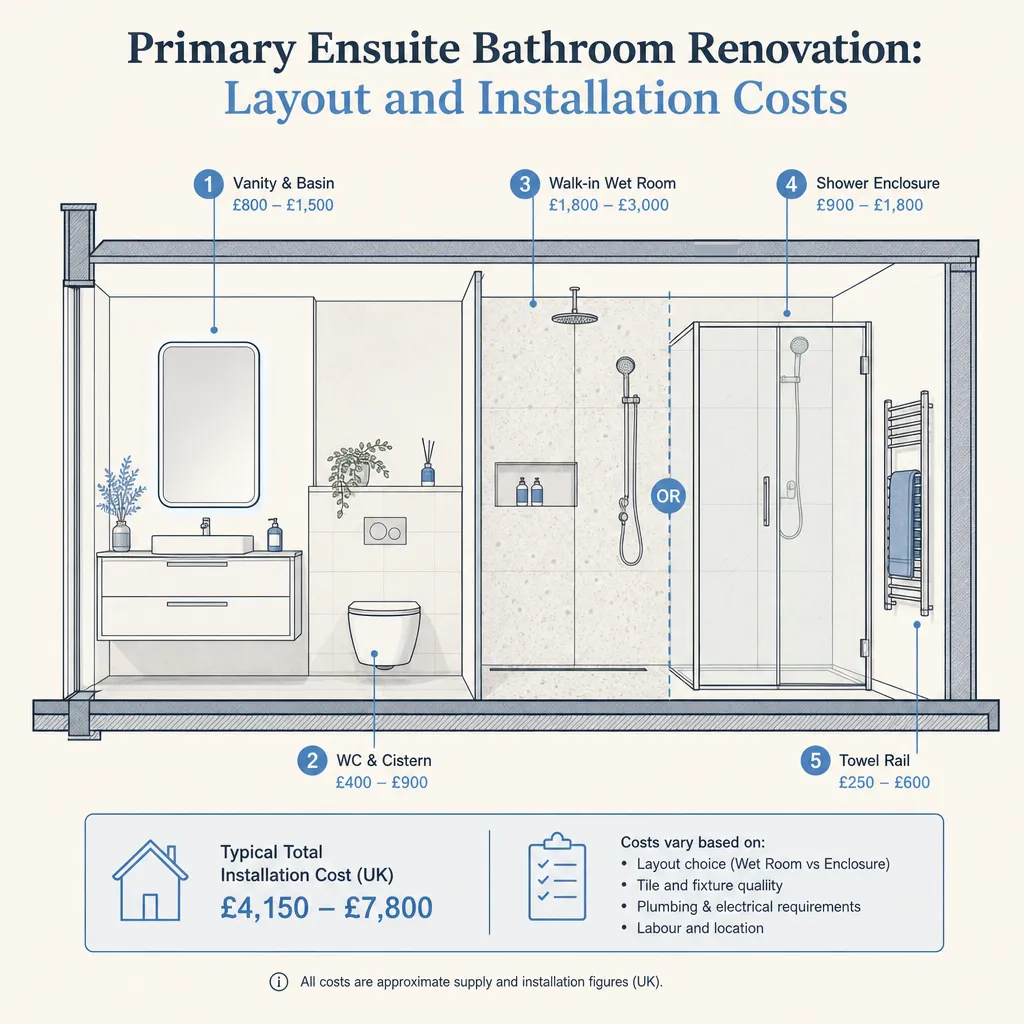 Diagram illustrating: Primary Ensuite Bathroom Renovation: Layout and Installation Costs