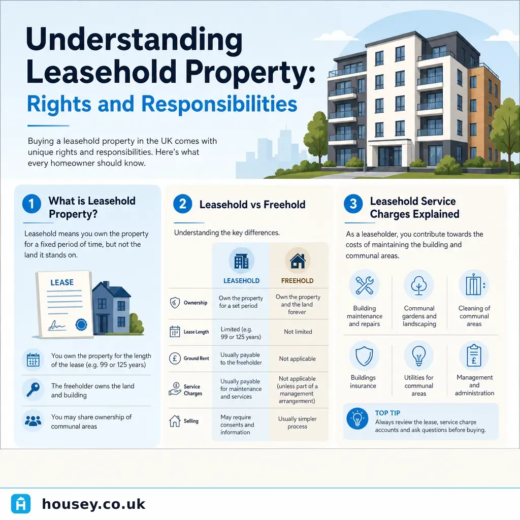 Infographic illustrating: Understanding Leasehold Property: Rights and Responsibilities