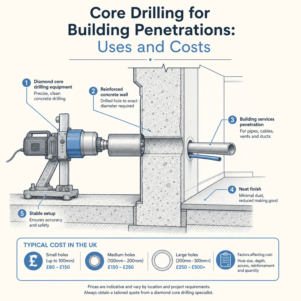 Diagram illustrating: Core Drilling for Building Penetrations: Uses and Costs