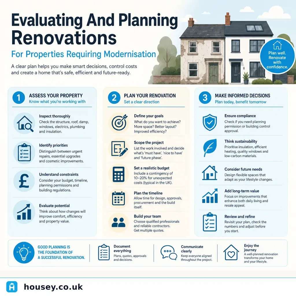 Infographic illustrating: Evaluating And Planning Renovations For Properties Requiring Modernisation