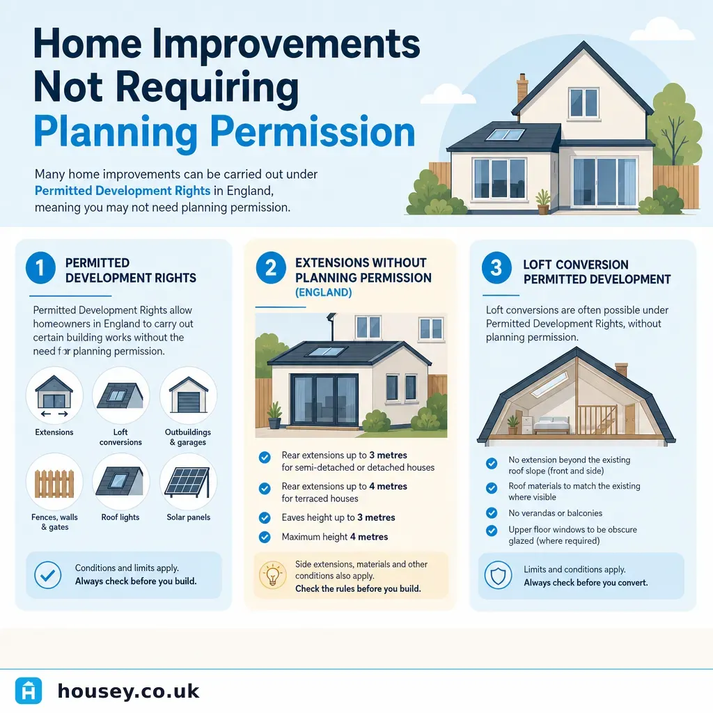 Infographic illustrating: Home Improvements Not Requiring Planning Permission