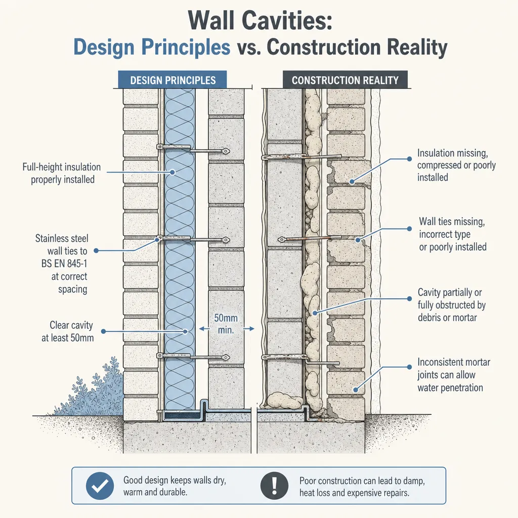Diagram illustrating: Wall Cavities: Design Principles vs. Construction Reality
