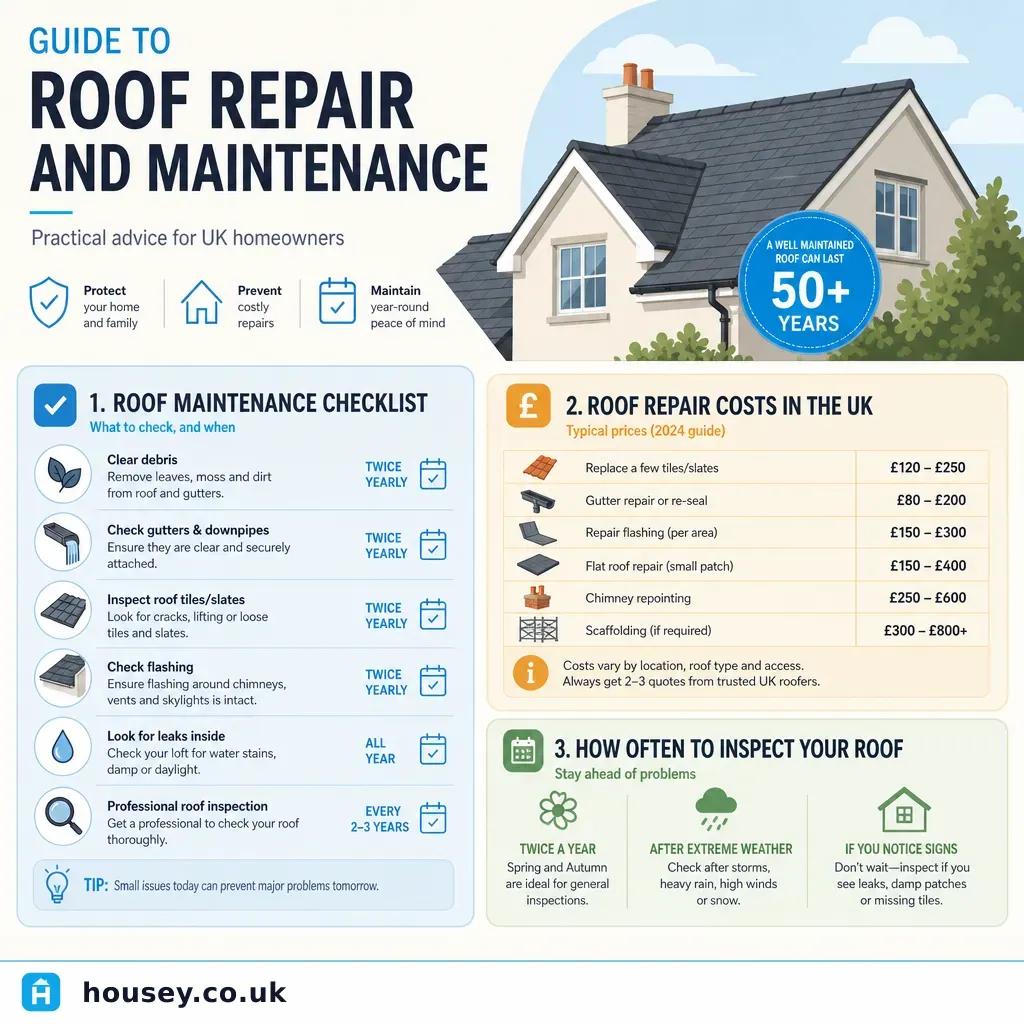 Infographic illustrating: Guide to Roof Repair and Maintenance