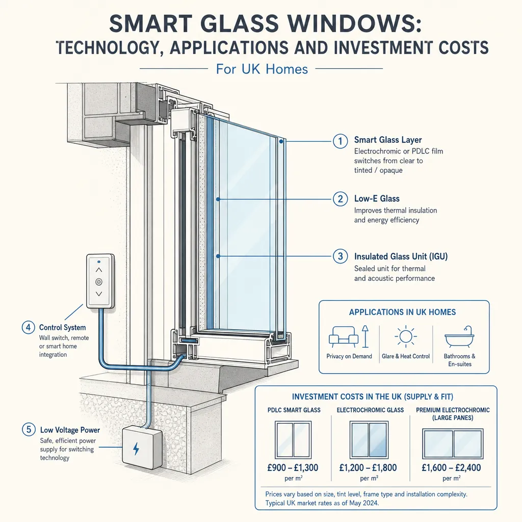 Diagram illustrating: Smart Glass Windows: Technology, Applications and Investment Costs
