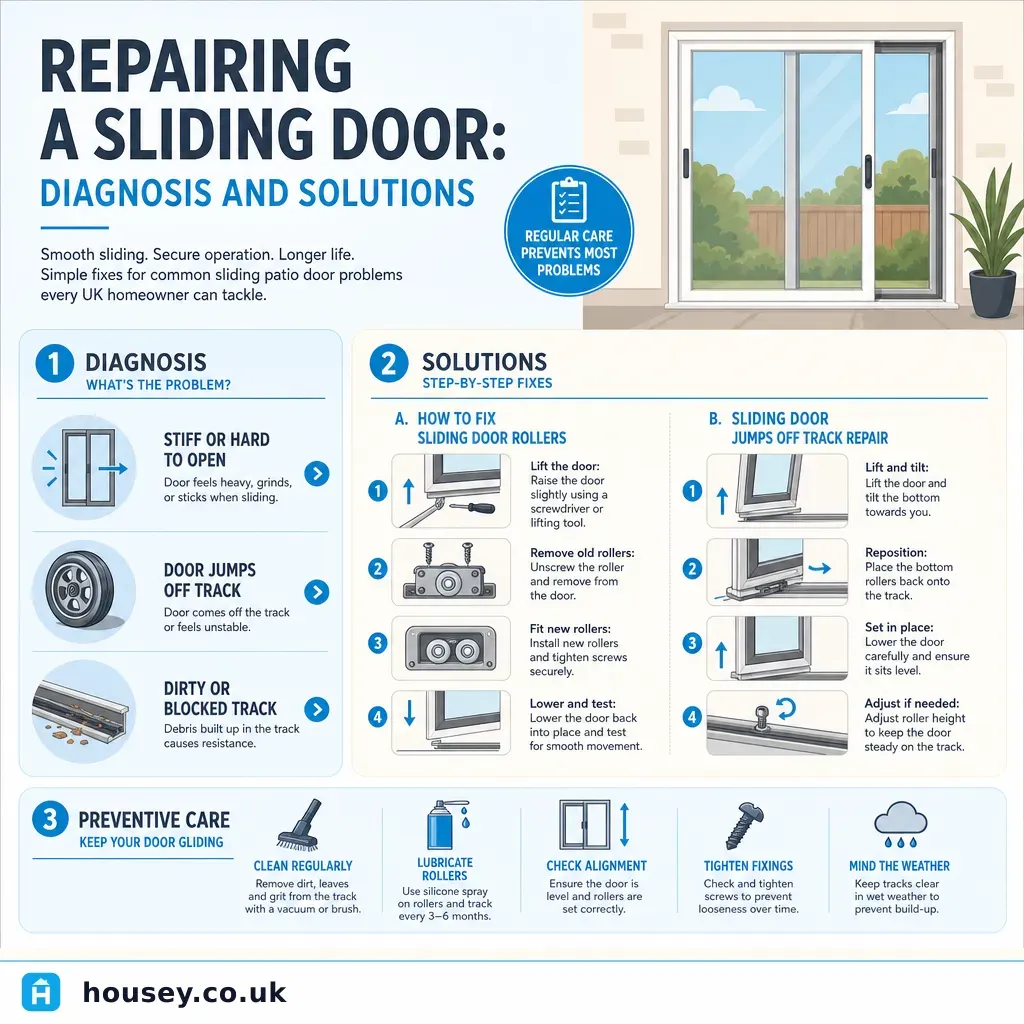 Infographic illustrating: Repairing a Sliding Door: Diagnosis and Solutions