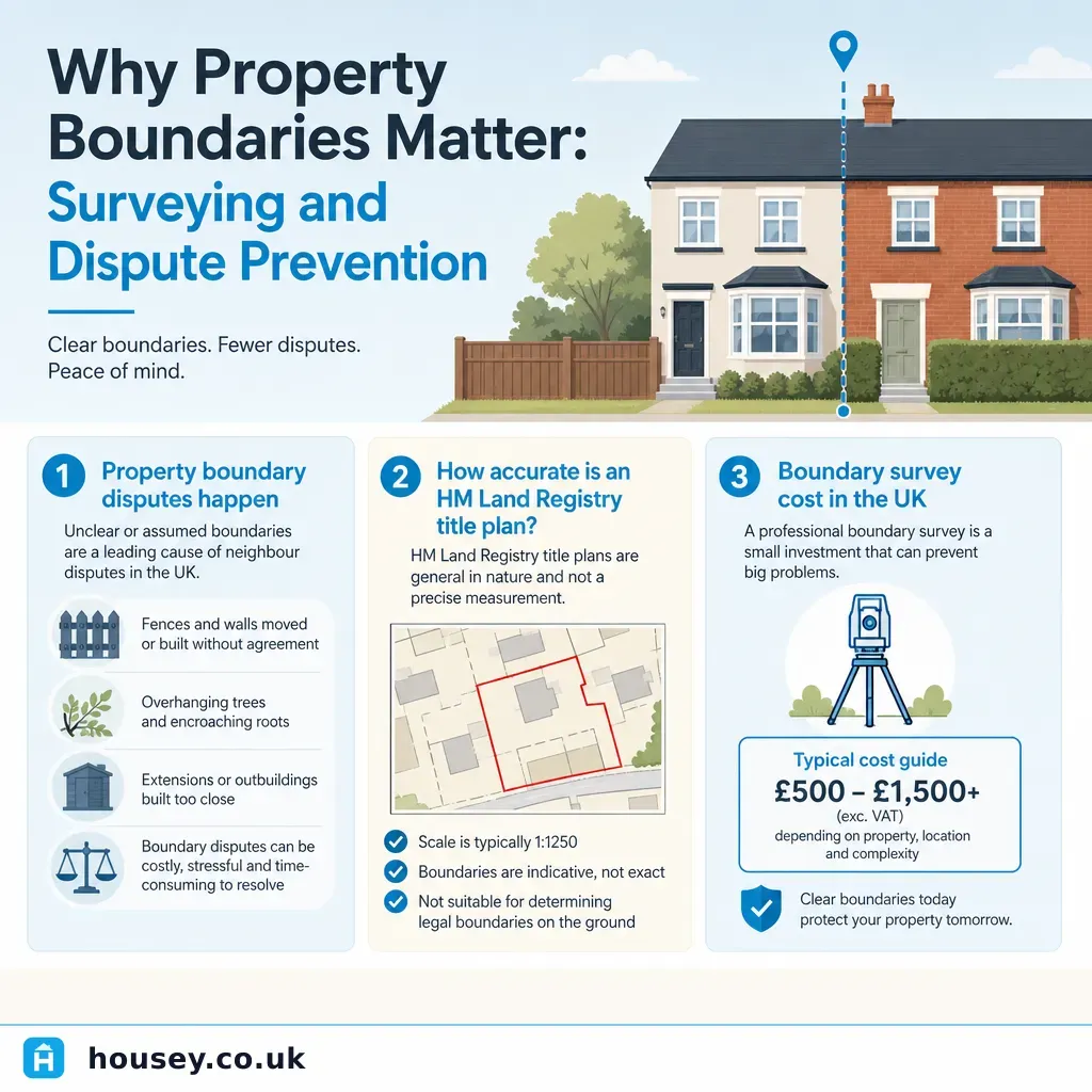 Infographic illustrating: Why Property Boundaries Matter: Surveying and Dispute Prevention