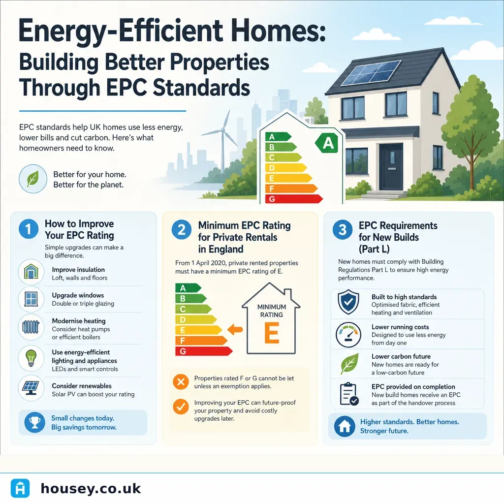 Infographic illustrating: Energy-Efficient Homes: Building Better Properties Through EPC Standards