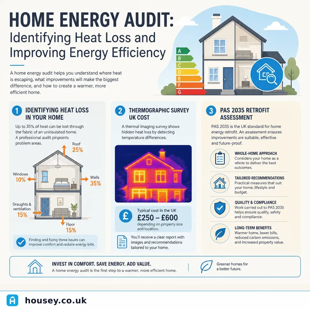 Infographic illustrating: Home Energy Audit: Identifying Heat Loss and Improving Energy Efficiency