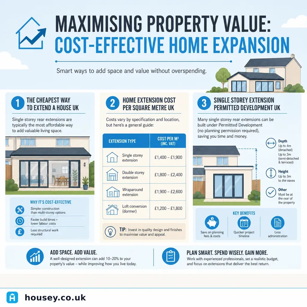 Infographic illustrating: Maximising Property Value: Cost-Effective Home Expansion