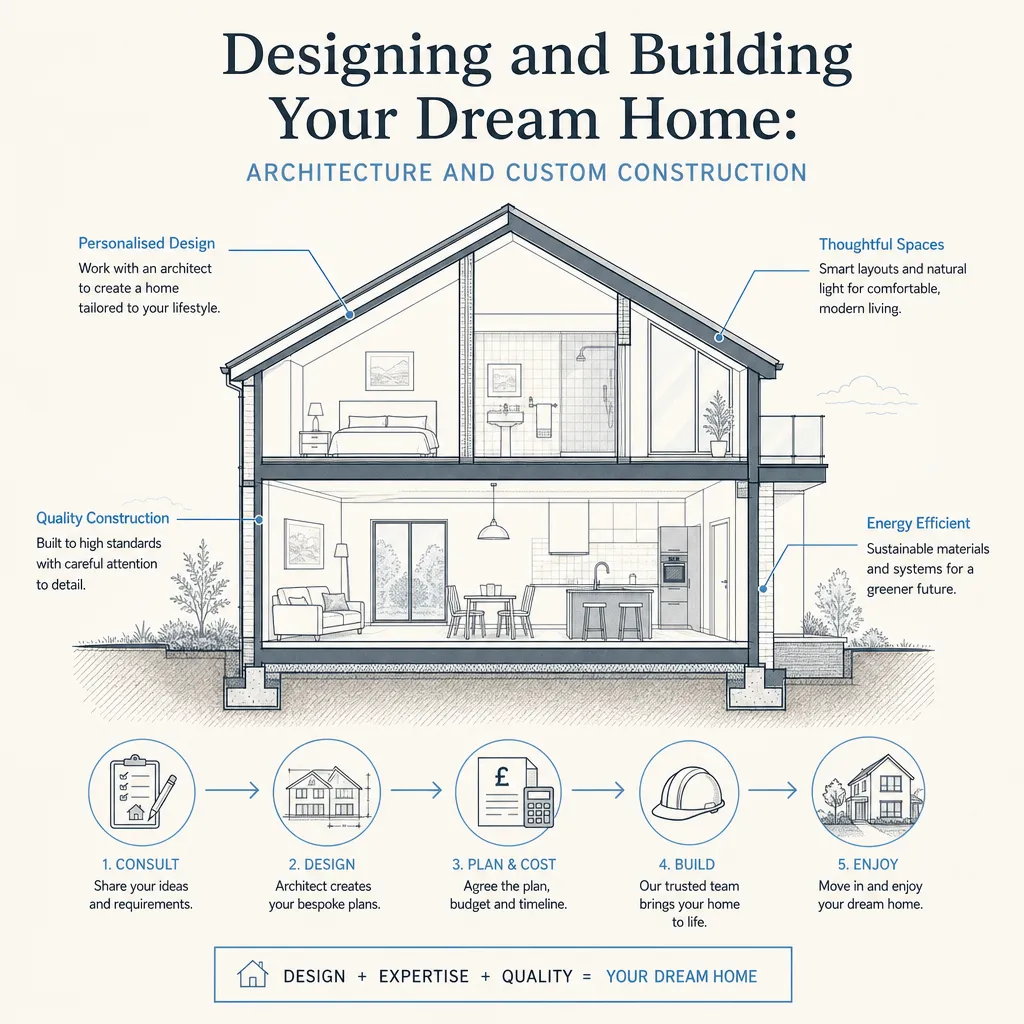 Diagram illustrating: Designing and Building Your Dream Home: Architecture and Custom Construction