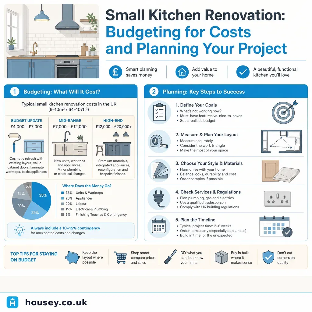 Infographic illustrating: Small kitchen renovation: budgeting for costs and planning your project