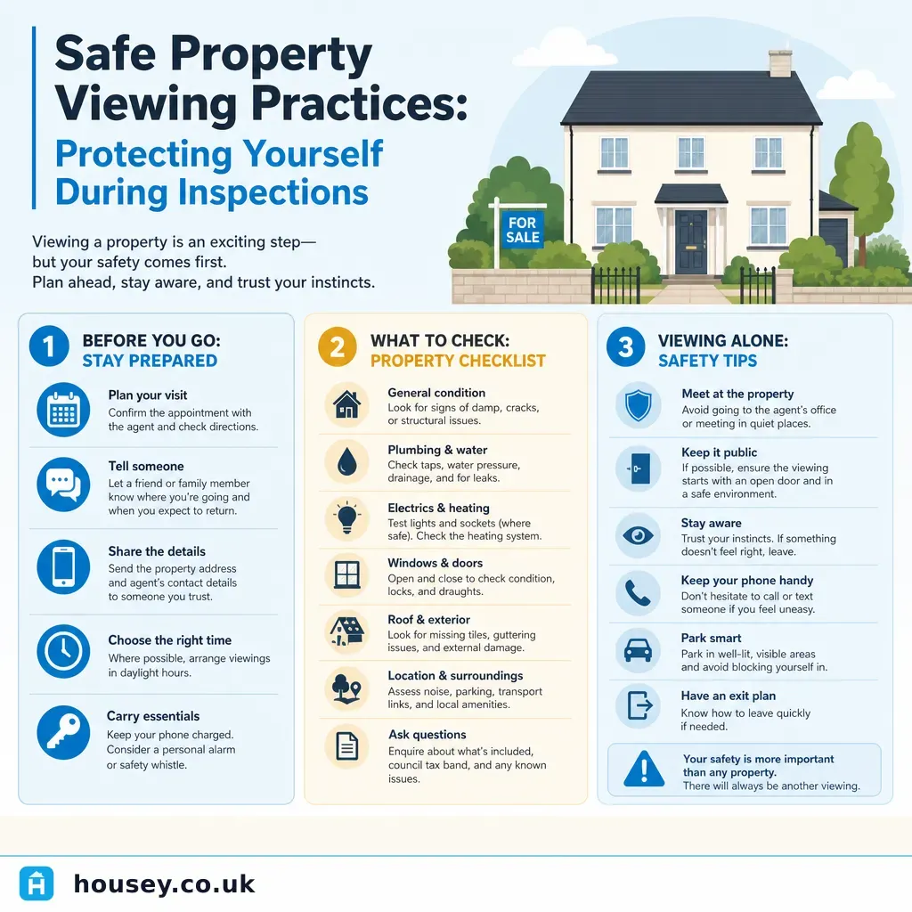 Infographic illustrating: Safe Property Viewing Practices: Protecting Yourself During Inspections