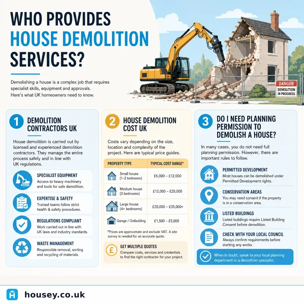 Infographic illustrating: Who Provides House Demolition Services