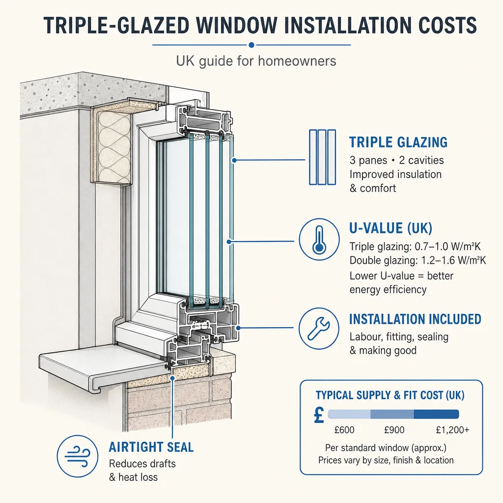 Diagram illustrating: Triple-Glazed Window Installation Costs