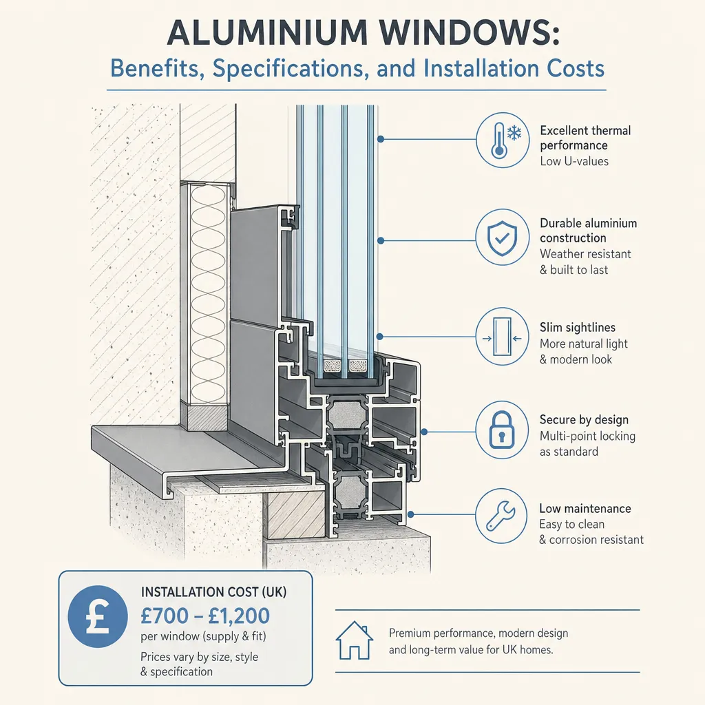 Diagram illustrating: Aluminium Windows: Benefits, Specifications, and Installation Costs