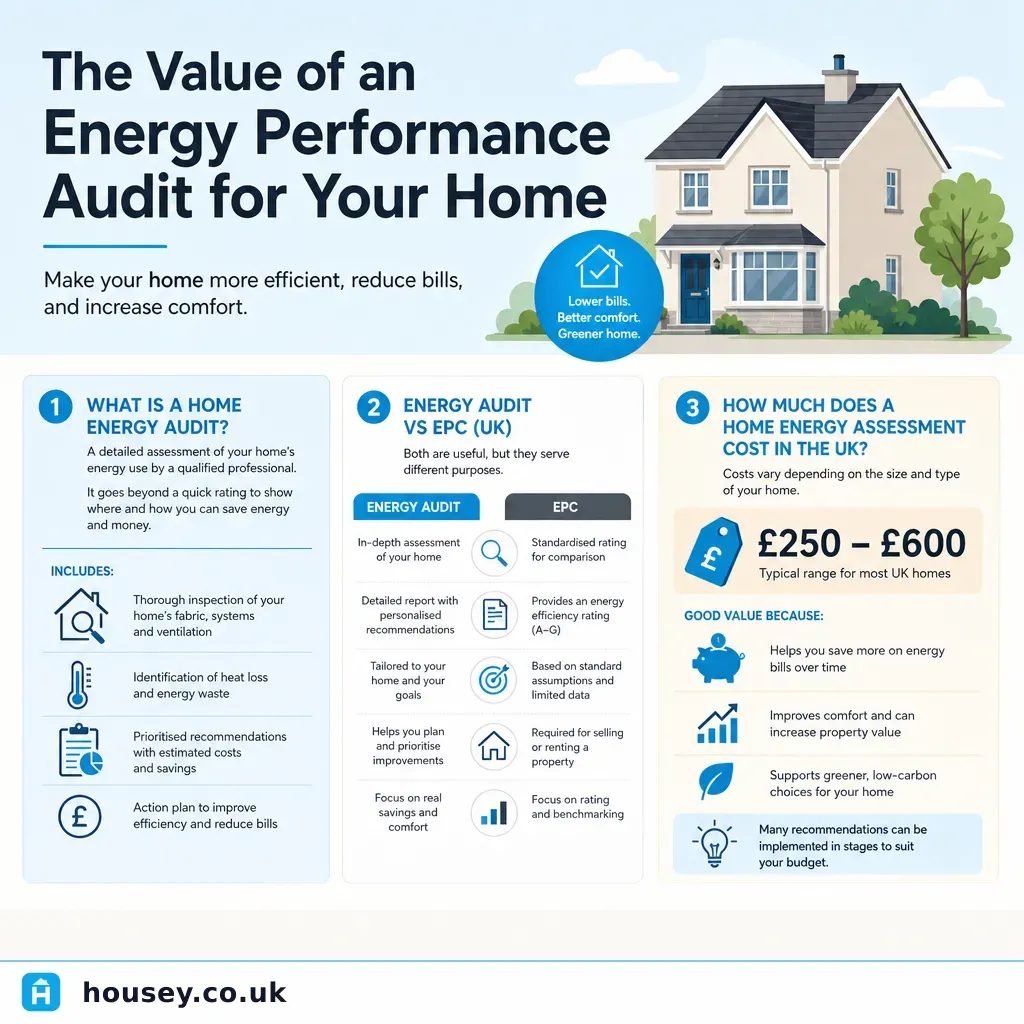 Infographic illustrating: The Value of an Energy Performance Audit for Your Home