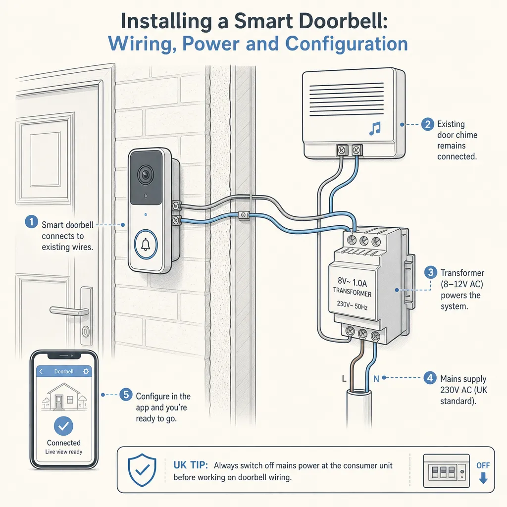 Diagram illustrating: Installing a Smart Doorbell: Wiring, Power and Configuration