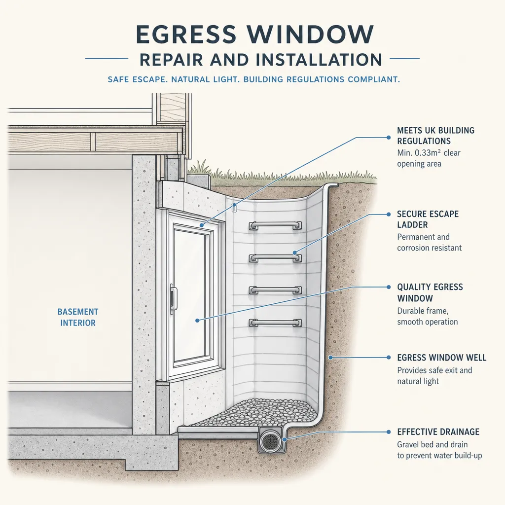 Diagram illustrating: Egress Window Repair and Installation