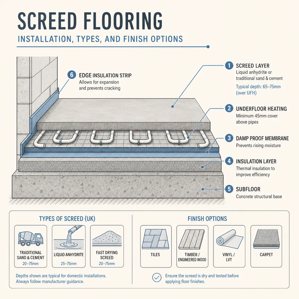 Diagram illustrating: Screed Flooring: Installation, Types, and Finish Options