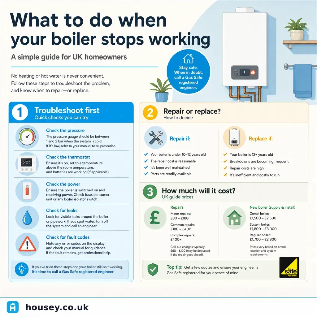 Infographic illustrating: What to do when your boiler stops working