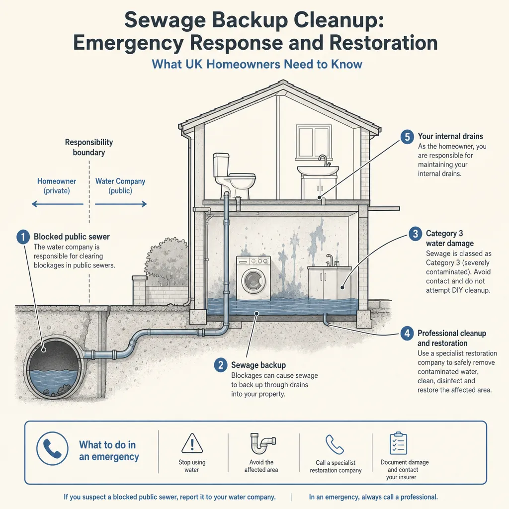 Diagram illustrating: Sewage Backup Cleanup: Emergency Response and Restoration