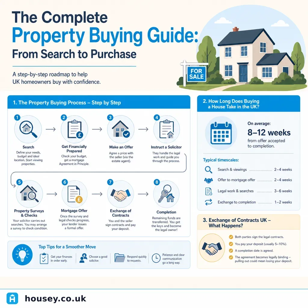 Infographic illustrating: The Complete Property Buying Guide: From Search to Purchase