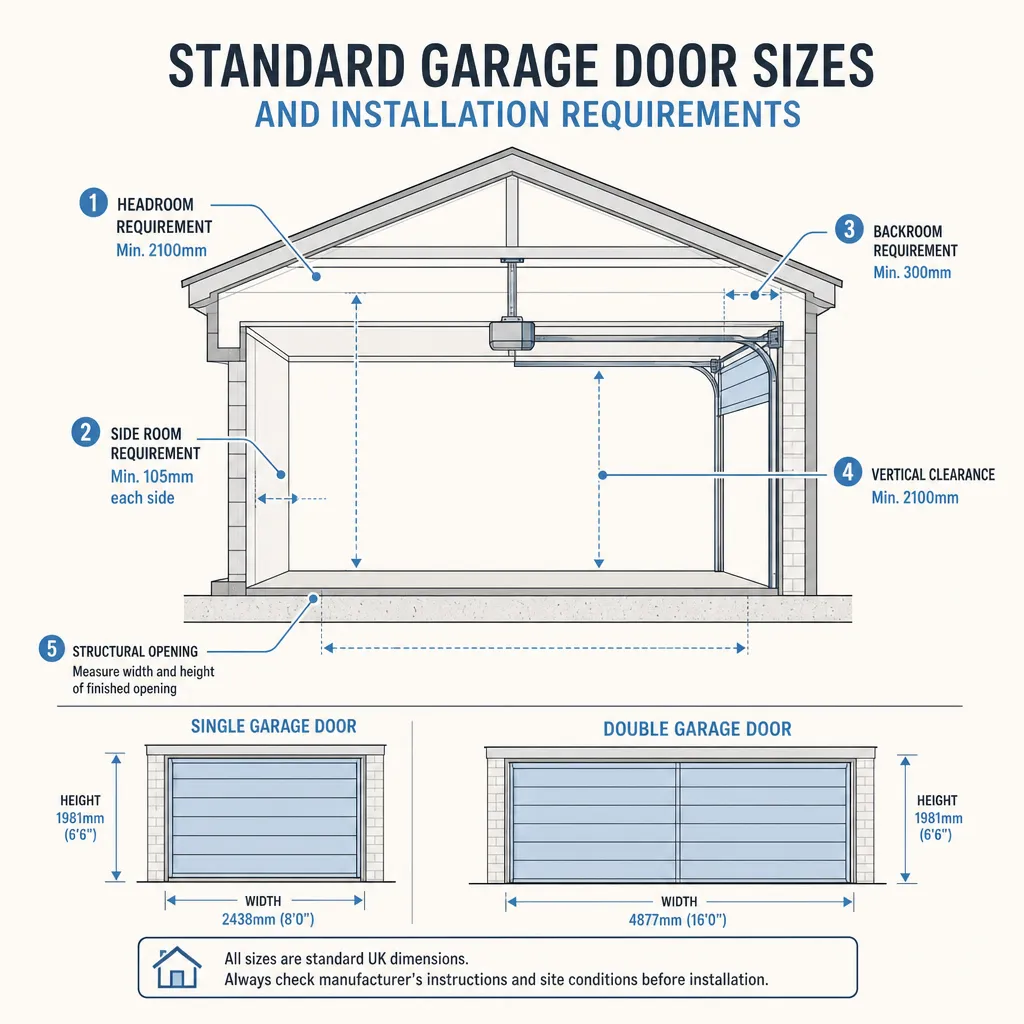 Diagram illustrating: Standard Garage Door Sizes and Installation Requirements