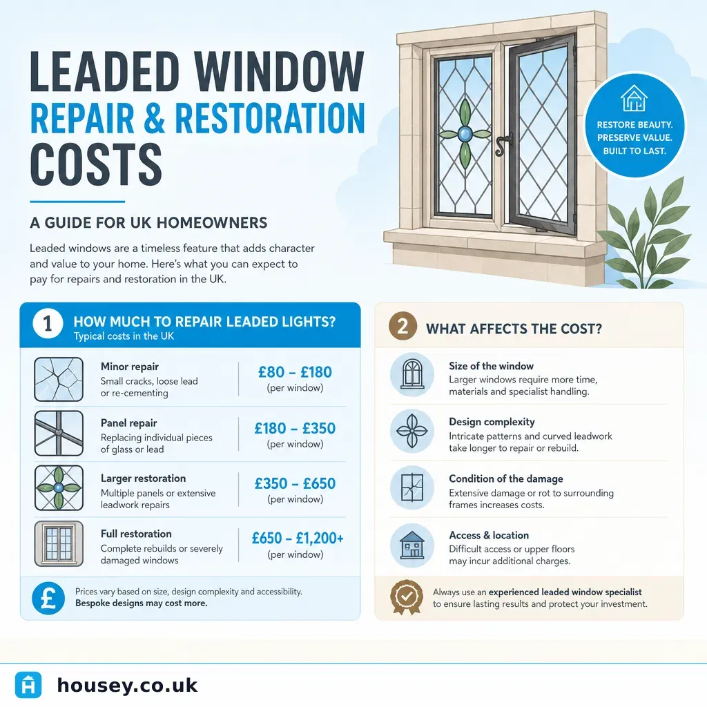 Infographic illustrating: Leaded Window Repair and Restoration Costs