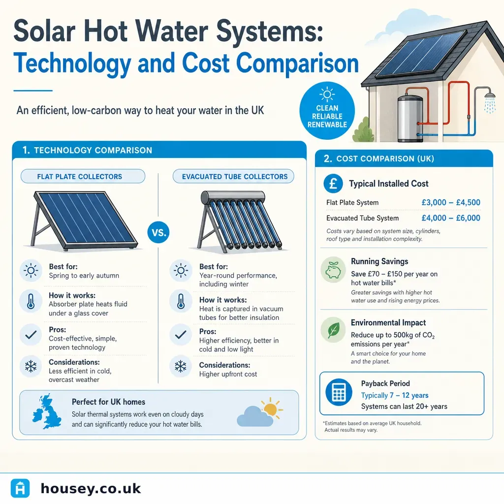 Infographic illustrating: Solar Hot Water Systems: Technology and Cost Comparison