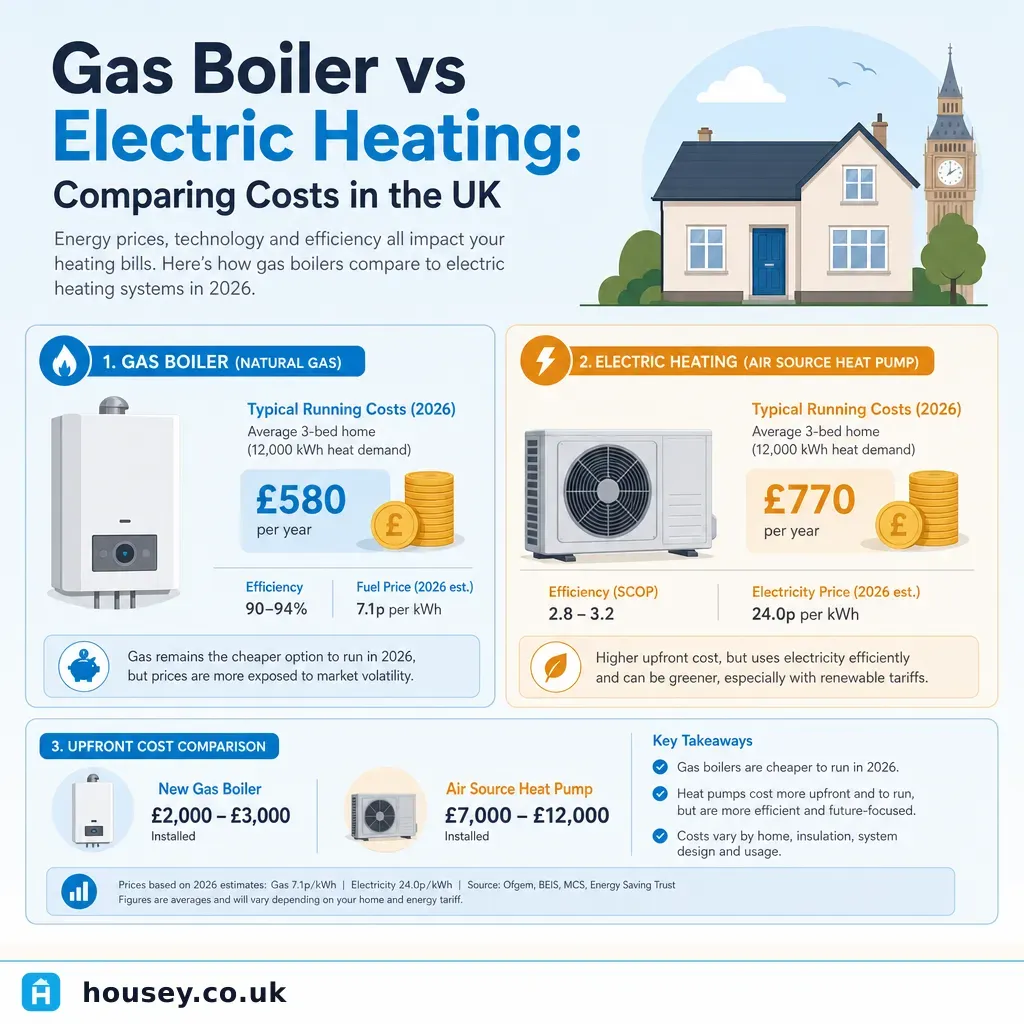 Infographic illustrating: Gas Boiler vs Electric Heating: Comparing Costs in the UK