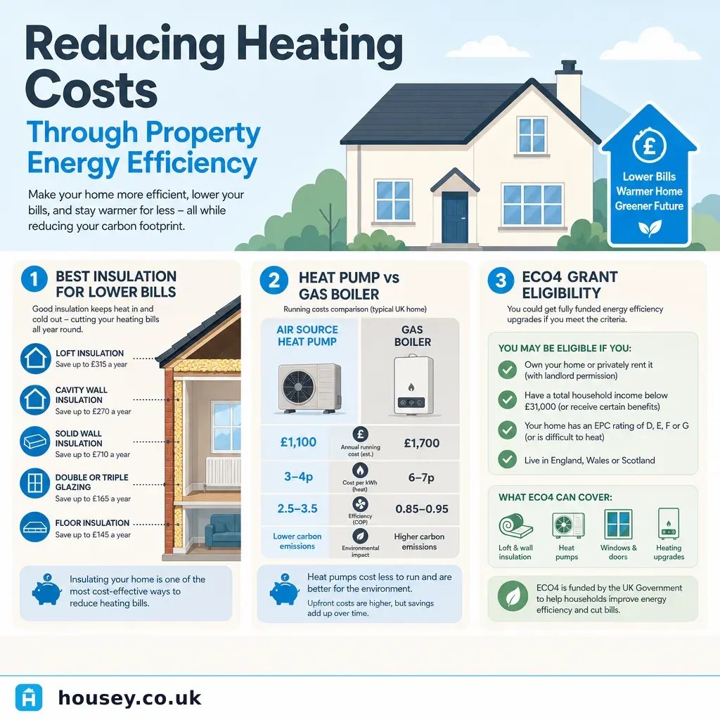 Infographic illustrating: Reducing Heating Costs Through Property Energy Efficiency