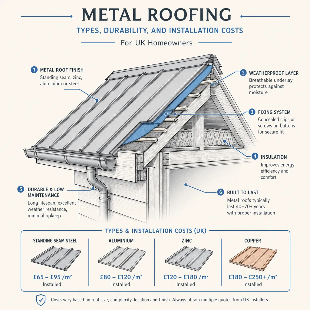 Diagram illustrating: Metal Roofing: Types, Durability, and Installation Costs