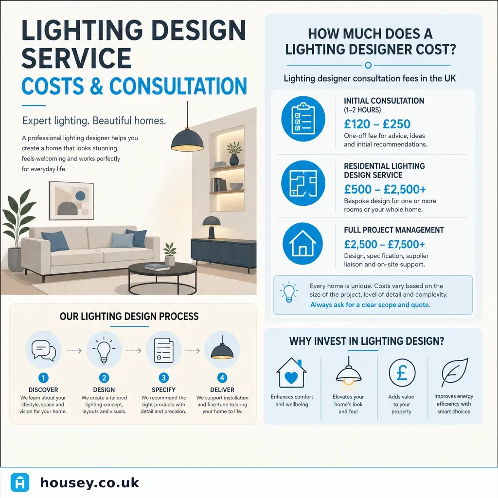 Infographic illustrating: Lighting Design Service Costs and Consultation