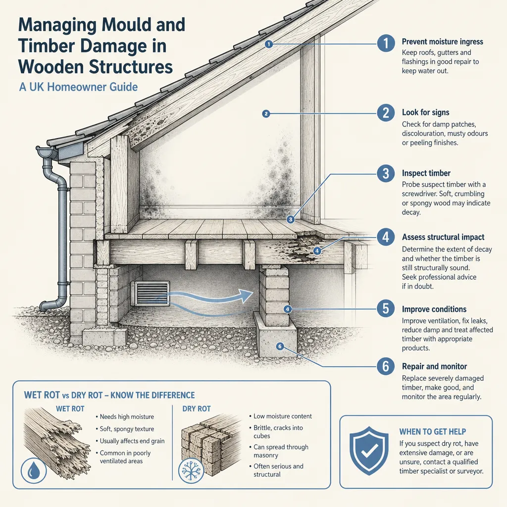 Diagram illustrating: Managing Mould and Timber Damage in Wooden Structures
