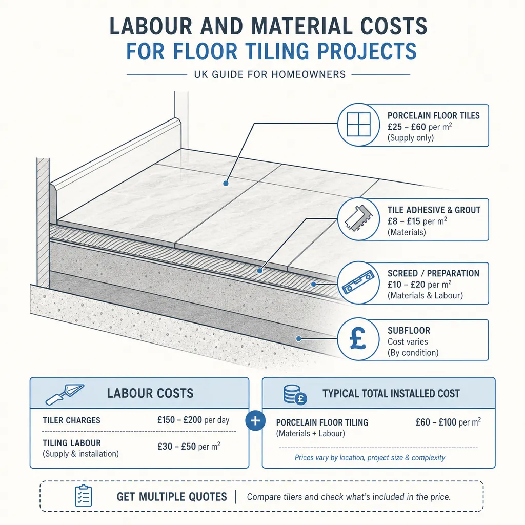 Diagram illustrating: Labour and material costs for floor tiling projects