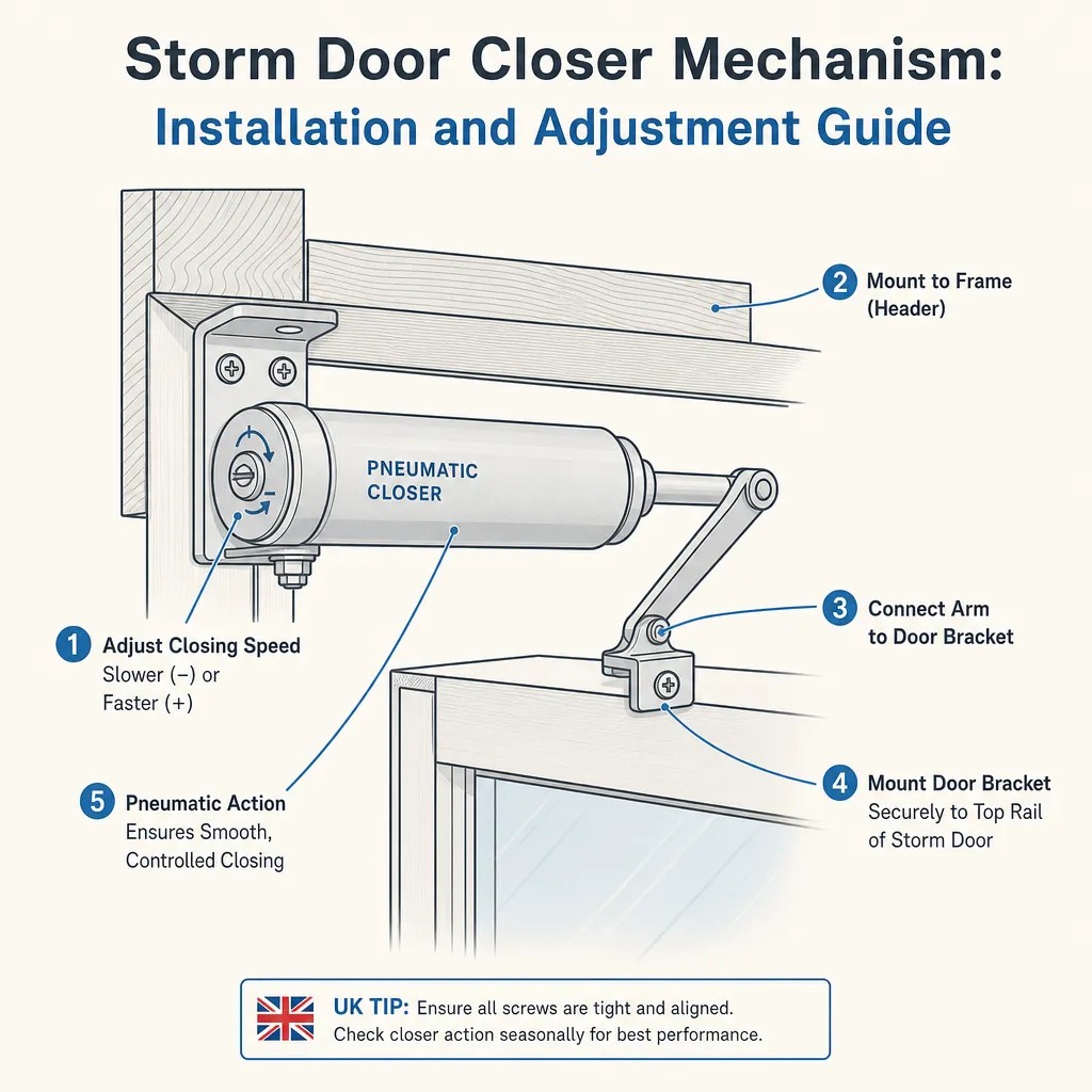 Diagram illustrating: Storm Door Closer Mechanism: Installation and Adjustment Guide