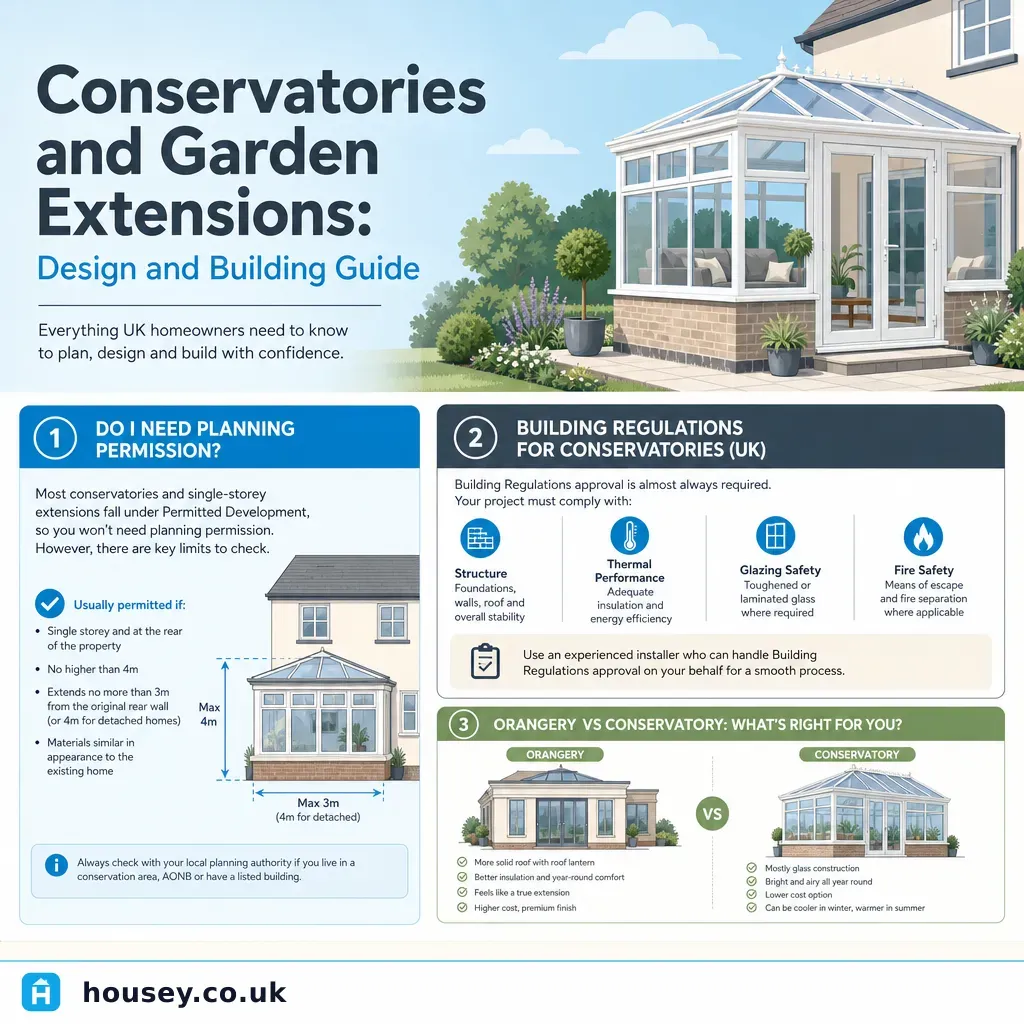Infographic illustrating: Conservatories and Garden Extensions: Design and Building Guide