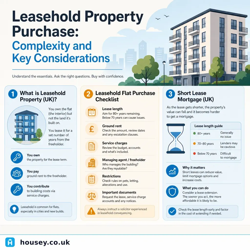 Infographic illustrating: Leasehold Property Purchase: Complexity and Key Considerations