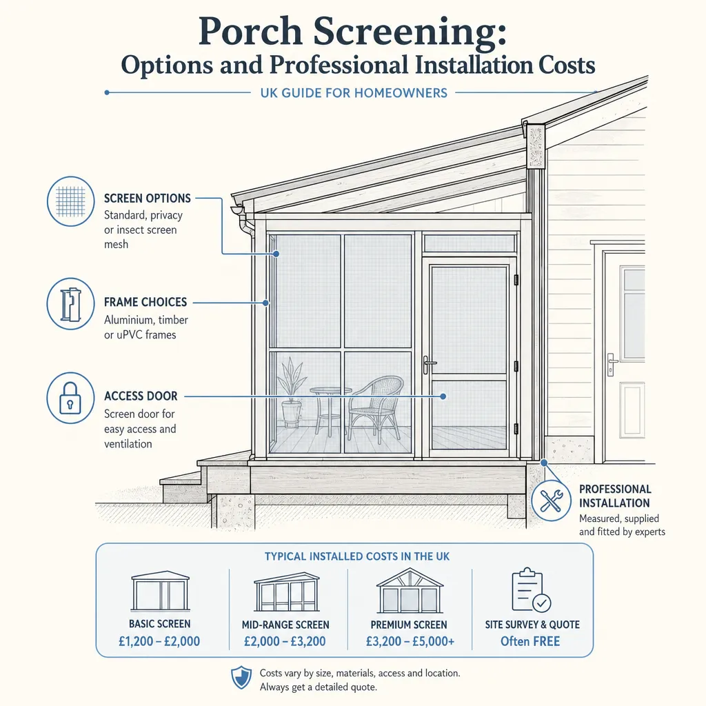 Diagram illustrating: Porch Screening: Options and Professional Installation Costs