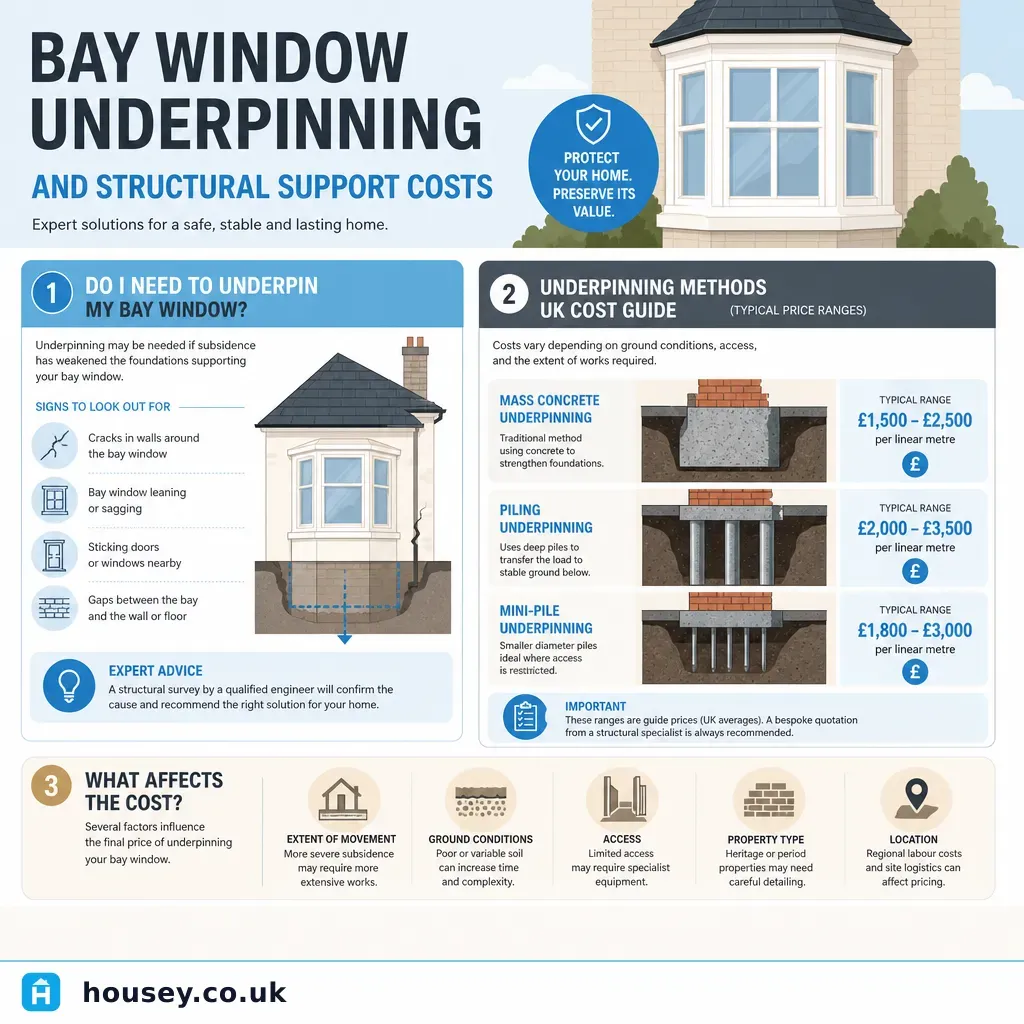 Infographic illustrating: Bay Window Underpinning and Structural Support Costs