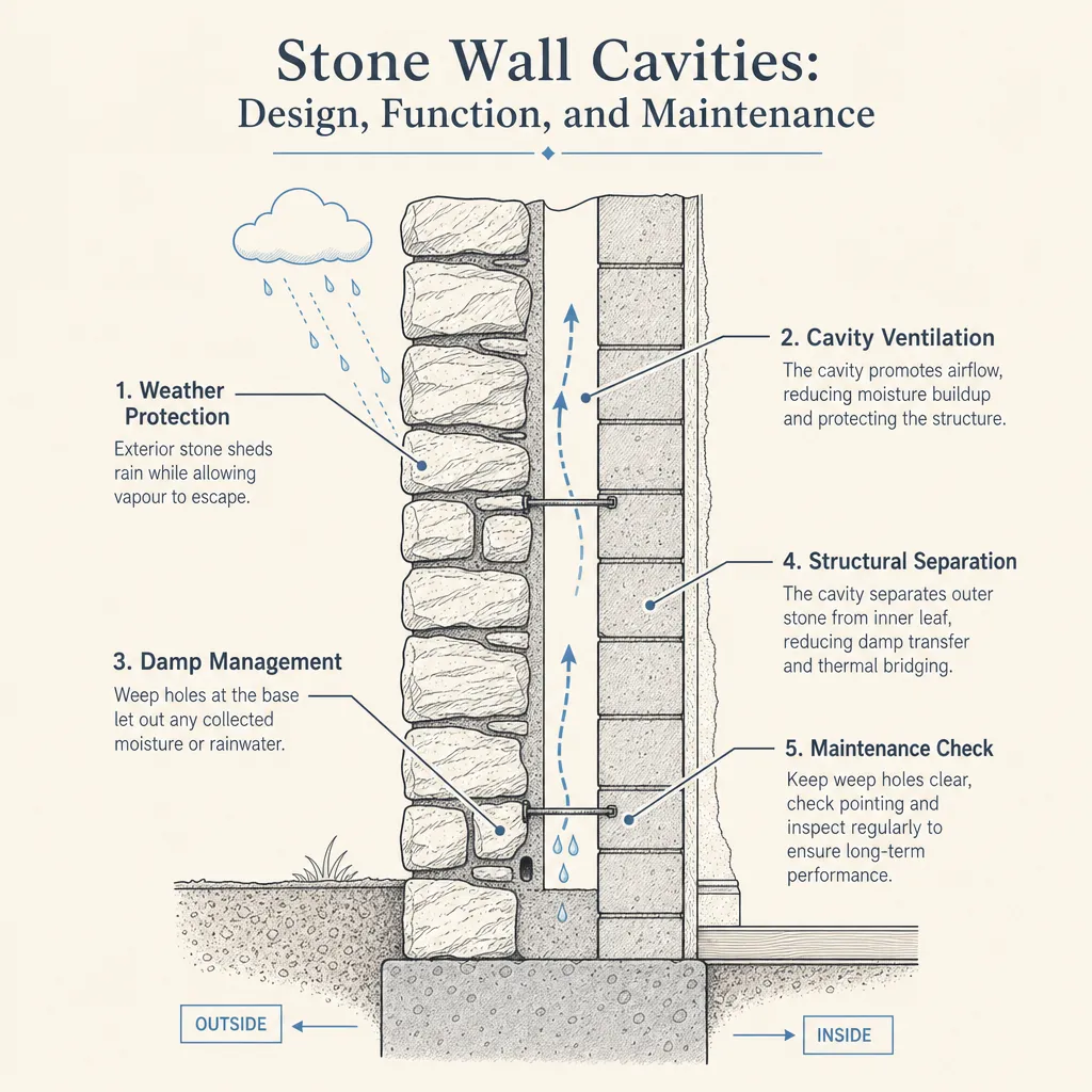 Diagram illustrating: Stone Wall Cavities: Design, Function, and Maintenance