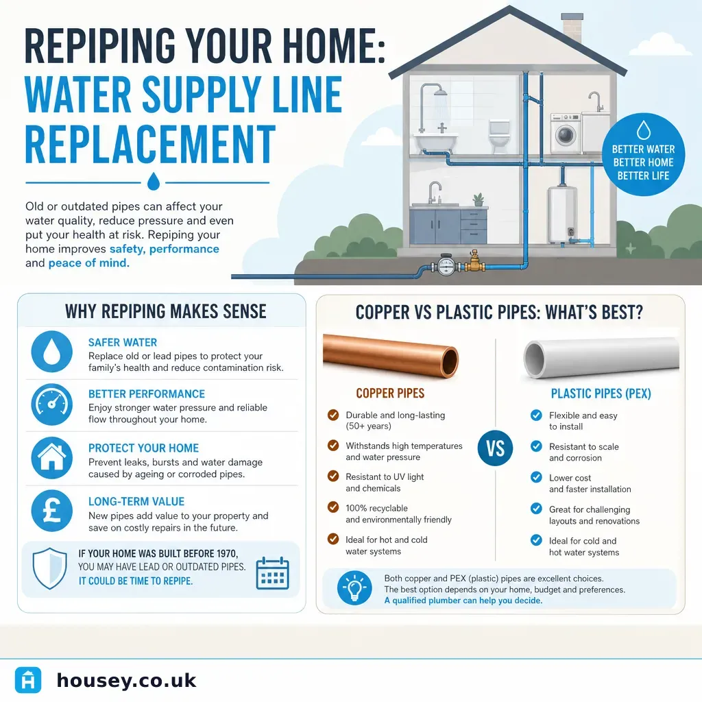 Infographic illustrating: Repiping Your Home: Water Supply Line Replacement